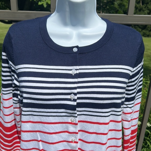 Patriotic Charter Club Red White & Blue Striped Cardigan Sweater Size Medium - Picture 3 of 6